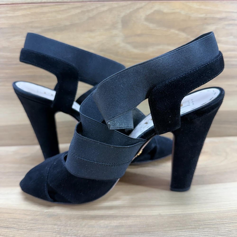 PRADA Strappy Heels Square Toe 7 EU 37 Black Suede Stretch Sandals - Picture 6 of 10